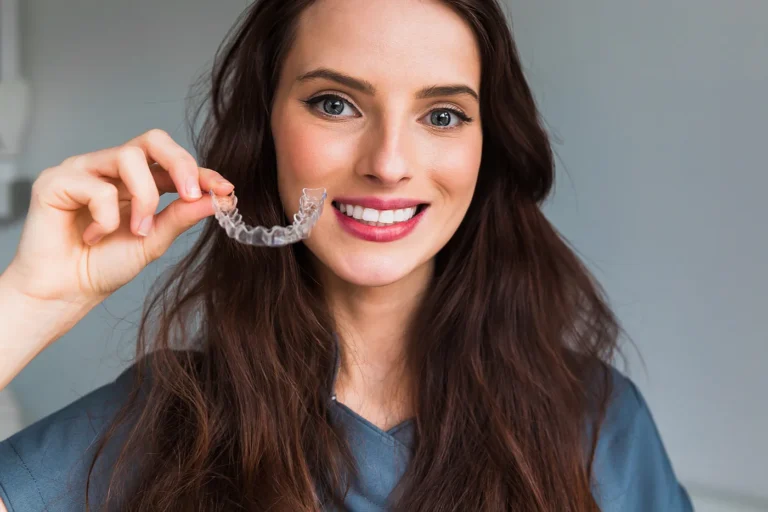 A smiling woman holding a clear aligner