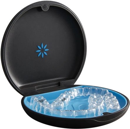 An Invisalign case holding a set of clear aligners