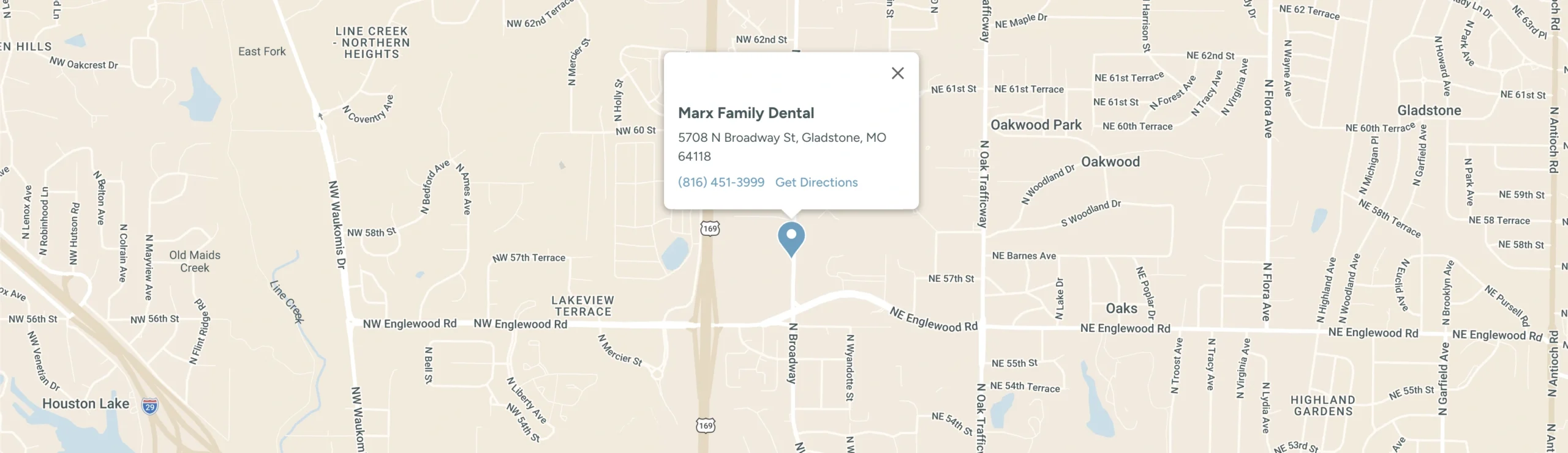 Map showing Marx Family Dental at 5708 N Broadway St, Gladstone, MO 64118